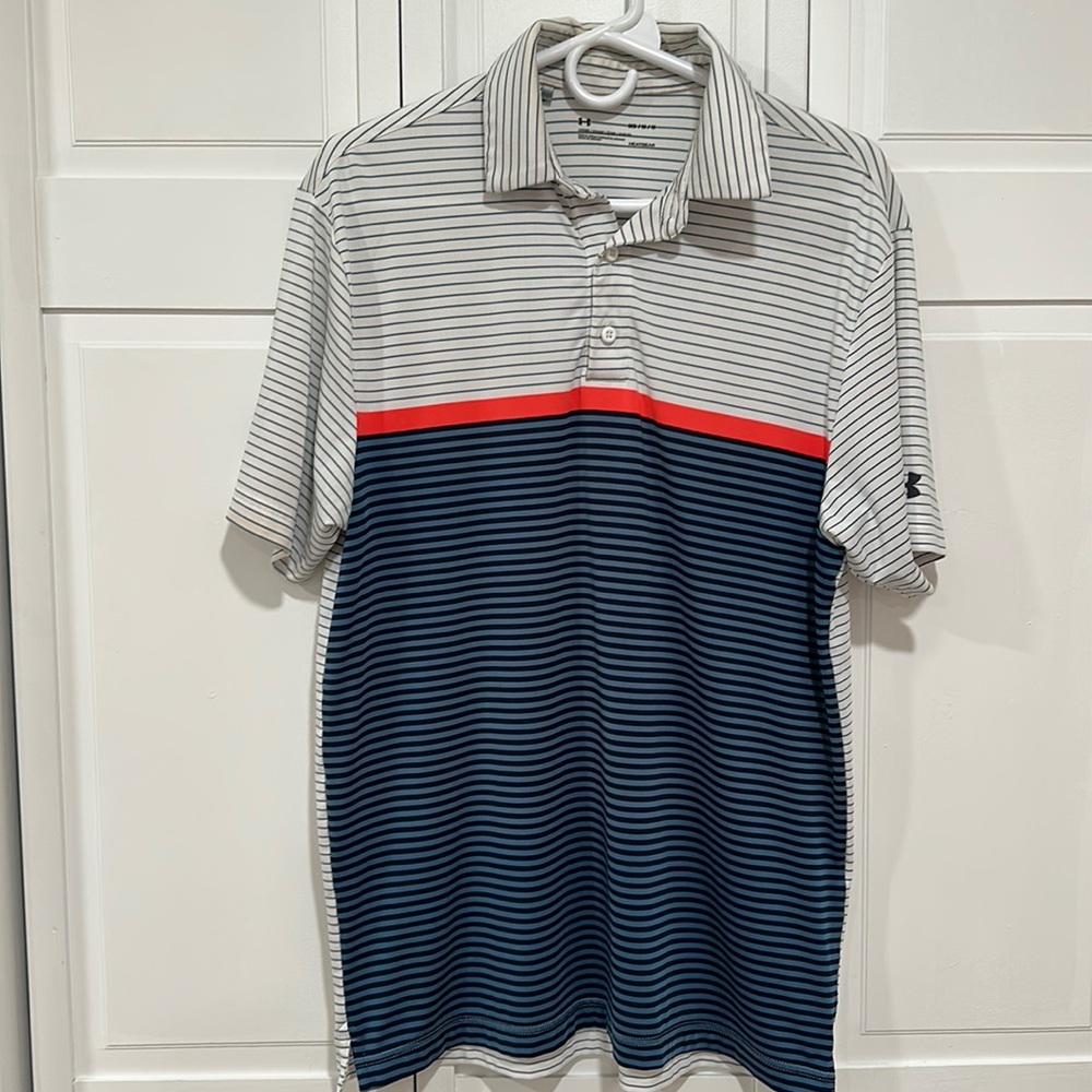 Under Armour M white and blue striped golf polo